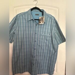 REI Mens XL Madrona Short Sleeve Blue Striped Organic Cotton Outdoor‎ NWT